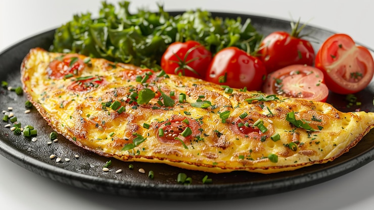 Foto receita de omelete de prato delicioso em 3d, tomate, cebola, close-up