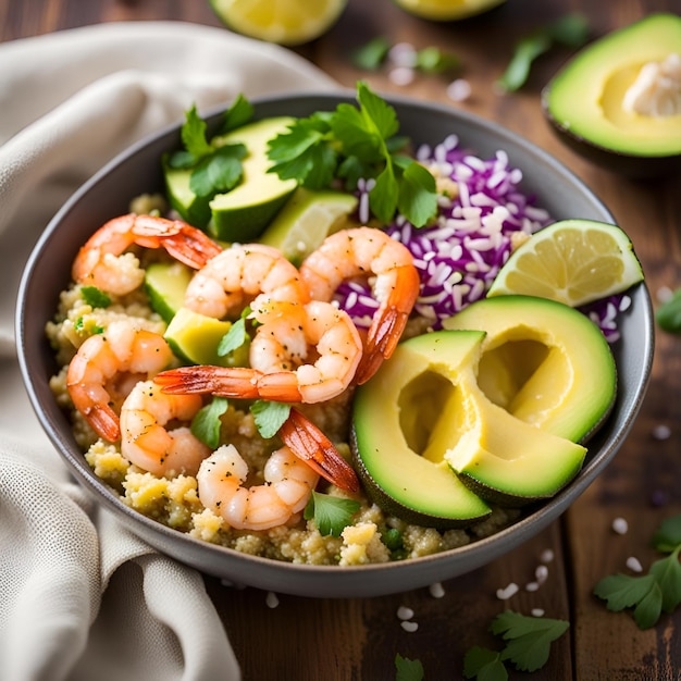 Receita de uma tigela de quinoa de camarão e abacate