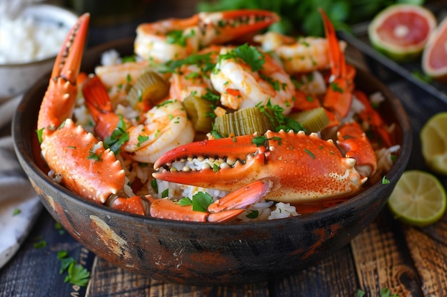 Receita saborosa de camarão e pernas de caranguejo Gumbo com okra