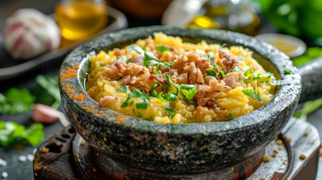 Receita tradicional brasileira de Baiao de Dois em tigela de pedra com bacon em mesa rústica com