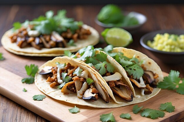 Foto receita vegetariana de tacos de cogumelos crocantes com maionese chipotle picante