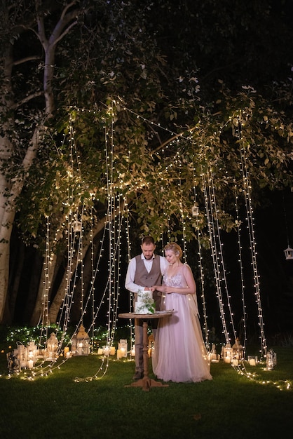 Recém-casados alegremente cortam risadas e provam o bolo de casamento