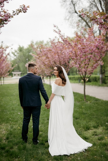 Recém-casados caminham no parque entre flores de cerejeira