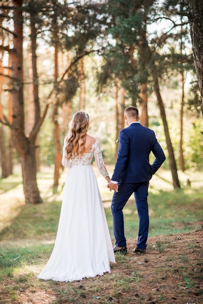 Recém-casados caminhando juntos na natureza, paisagens românticas para dois durante uma sessão de fotos de casamento.