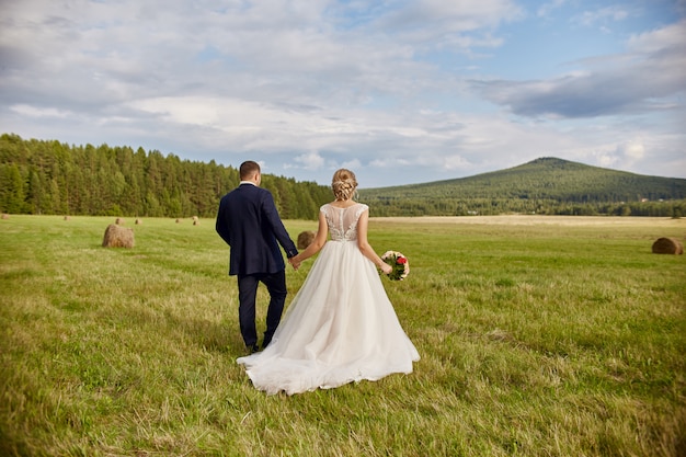 Recém-casados caminhar e relaxar no campo