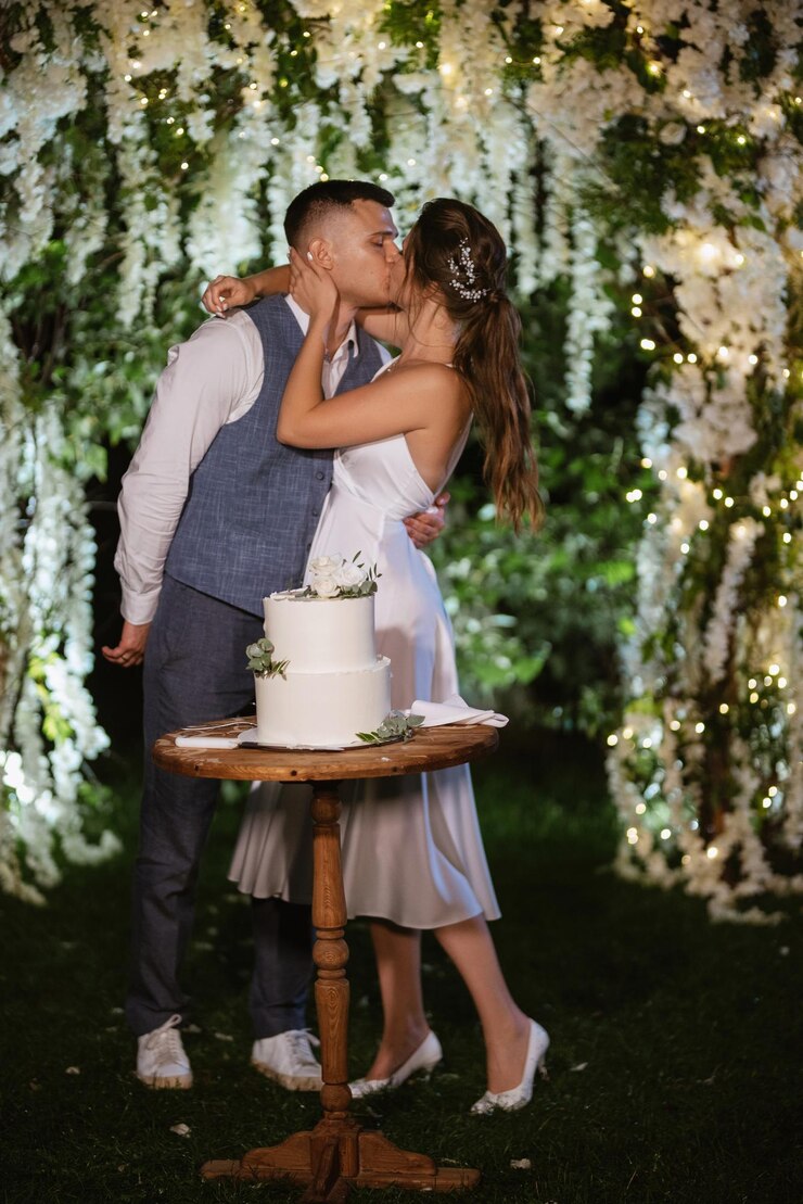 Foto recém-casados cortam alegremente e provam o bolo de casamento