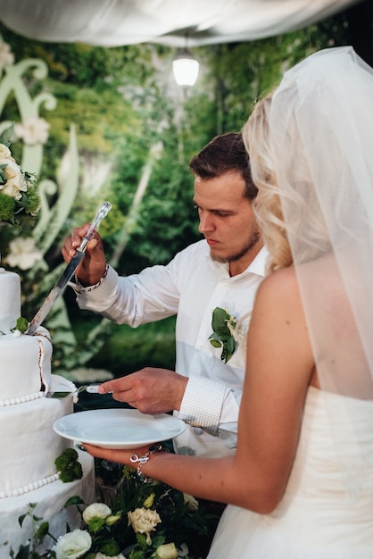 Recém-casados cortam alegremente, riem e provam o bolo de casamento