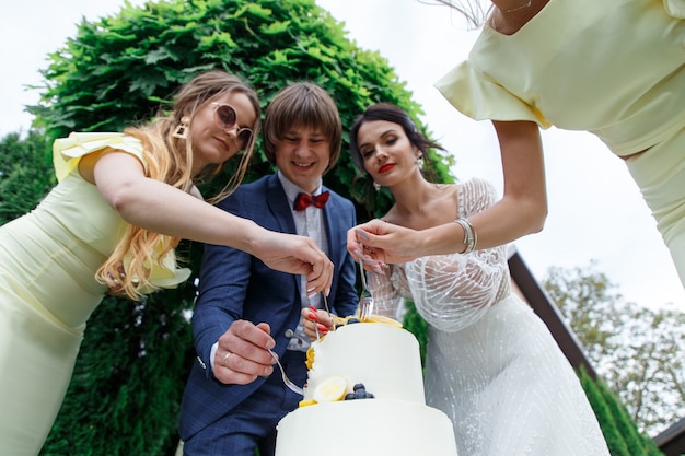 Recém-casados e damas de honra se divertem e comem bolo de casamento juntos ao ar livre em um banquete de casamento.