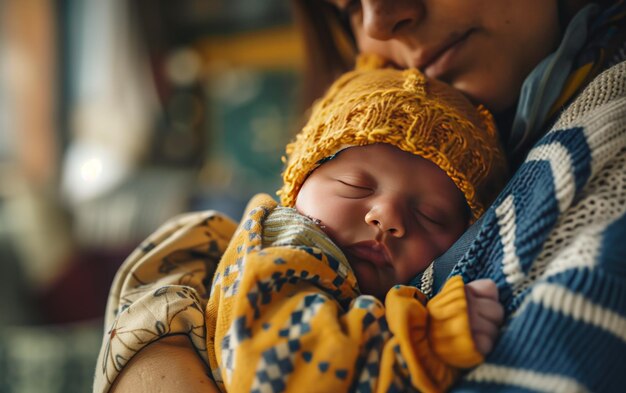 Recém-nascido dormindo pacificamente no abraço da mãe Recém-natado dormindo pacíficamente no abraçado da mãe