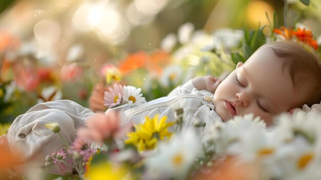 Recém-nascido em um leito de flores Um símbolo de questões sociais e mortalidade infantil Conceito Fotografia de recém-nascidos Leito de flores Problemas sociais Simbolismo de mortalidade infantil