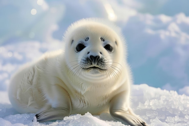 Recém-nascido filhote de foca-harpa no gelo do mar branco frio Bebê bonito e adorável com pelagem macia