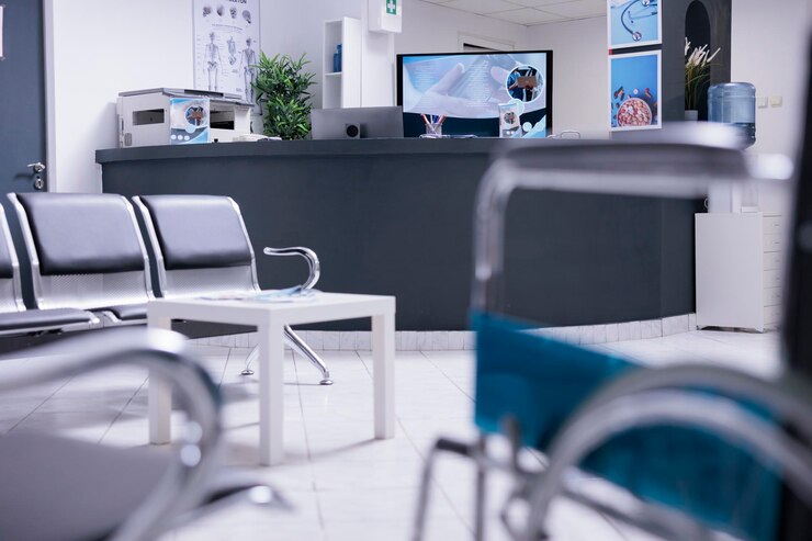 Foto recepção da zona de recepção do consultório médico com dispositivos tecnológicos, material de escritório e utilitários médicos. área de recepção do paciente sem funcionários atendendo a ninguém. ninguém no lobby da clínica.