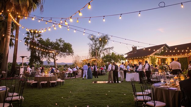 Recepção de casamento ao ar livre com um tema rústico chic pequenas luzes em cordas casamento muitas pessoas conforto banquete recém-casados começando uma família conceito de começar uma vida juntos generativo por AI