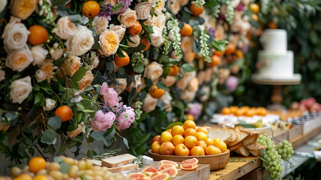 Recepção de casamento elegante com estação de comida decorativa com frutas queijo e pão adornado com flores e lanternas