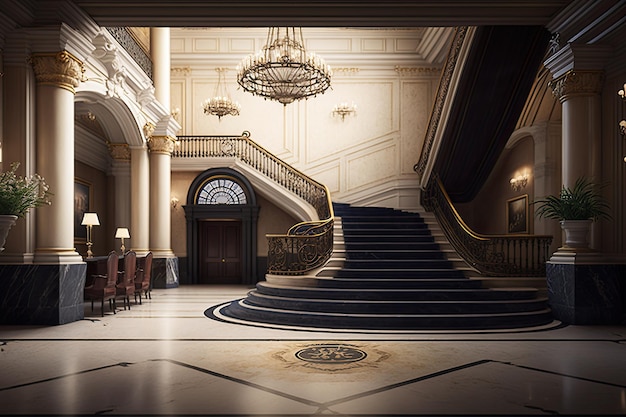 Recepção de hotel de luxo vazia com lustre de grande escadaria e piso de mármore generativo ai