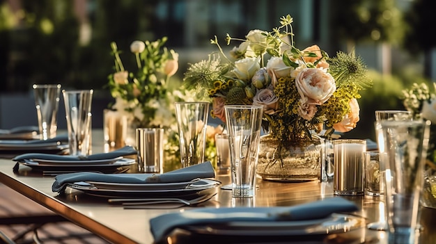 Recepción de boda de lujo Configuración de la mesa Composición de decoración de banquete flores velas en el salón restaurante Mesa cubierta con mantel negro Decoración de moda gran candelabro para una fiesta de cumpleaños