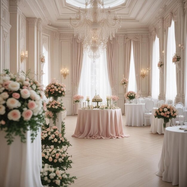 Foto una recepción de boda con una mesa preparada con flores y candelabros