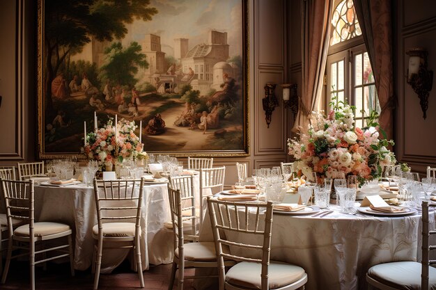 Una recepción de bodas adornada en el comedor