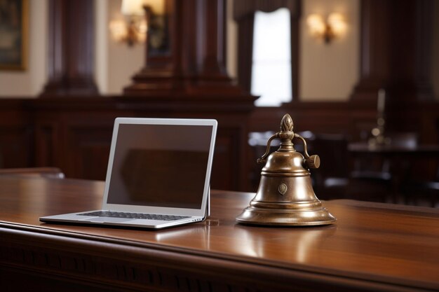 Foto recepción del hotel con computadora y campana en el escritorio