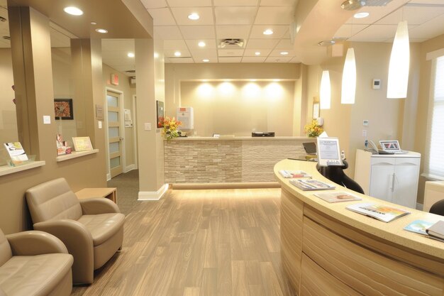 Foto recepción moderna en el área de espera del consultorio dental