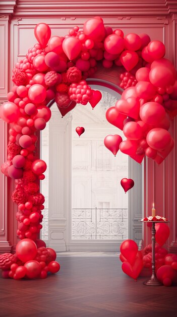 Recepción temática del día de San Valentín con globos de arco y decoración de pared de fotos en rojo dorado