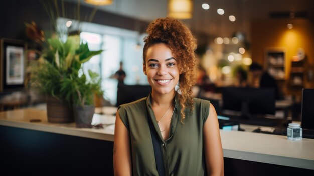 Foto recepcionista de espaço de coworking cercada de empresários e escritório aberto