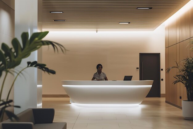 Foto una recepcionista en un elegante escritorio moderno en un entorno sereno