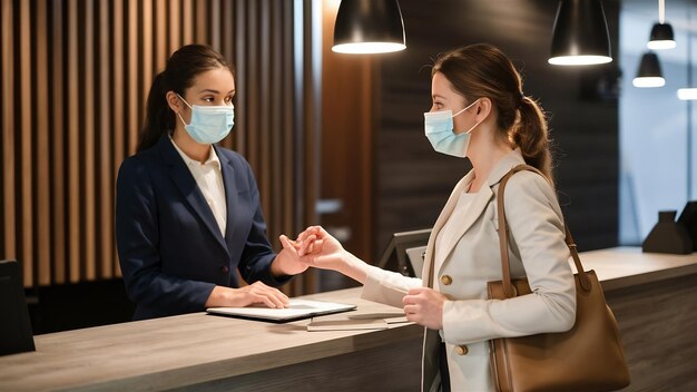 Foto el recepcionista del hotel en el mostrador del hotel usando máscaras médicas como precaución contra el virus