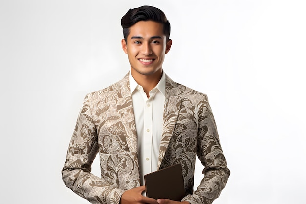 recepcionista masculino vestindo batik segurando tablet