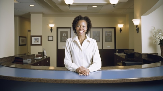 Foto recepcionista mulher jovem afro-americana atendendo telefone e cumprimentando visitantes na recepção do saguão do escritório generative ai aig22