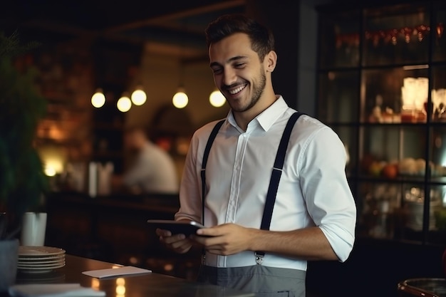 Foto una recepcionista de restaurante feliz usa un dispositivo de tableta un camarero uniformado sonríe