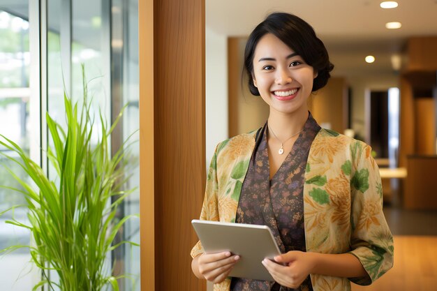 recepcionista segurando um tablet vestindo uma roupa batik e sorrindo