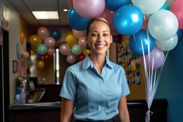 Una recepcionista sonriente de pie en la entrada de una oficina decorada con globos