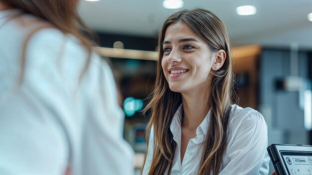 Foto recepcionista en uniforme en el lugar de trabajo en el servicio de hotel con el cliente