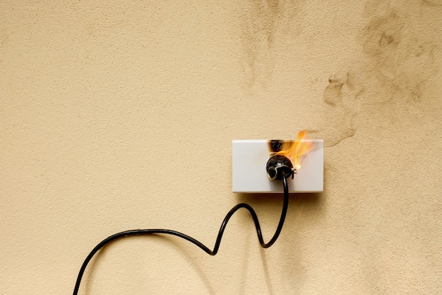 Foto receptáculo do plugue do fio elétrico em chamas no fundo da parede de concreto