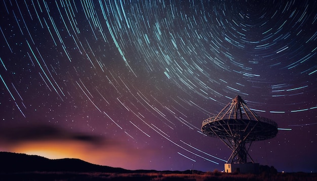 Receptor de rádio da antena do radiotelescópio no lindo céu noturno com espaço para cópia de trilhas estelares