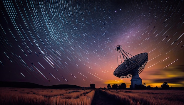 Receptor de rádio da antena do radiotelescópio no lindo céu noturno com espaço para cópia de trilhas estelares