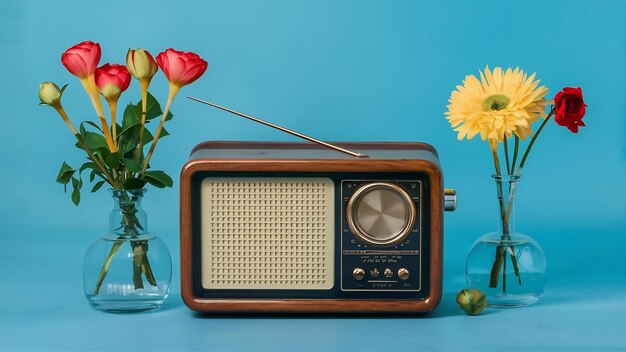 Receptor de radio retro y jarrones de flores