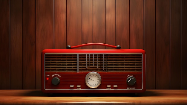 Receptor de radio rojo vintage en papel tapiz de mesa de madera