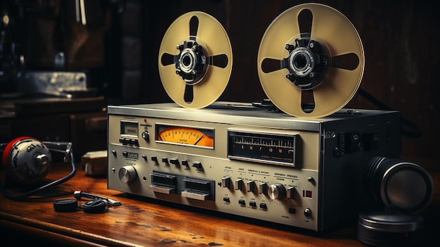Receptor de radio de transmisión retro Grabadora de cinta de carrete a carrete Micrófono y auriculares de los años 60