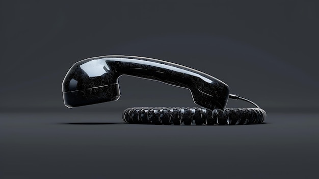 Un receptor de teléfono negro se encuentra en una superficie negra sólida El receptor es viejo y sucio con una superficie agrietada y descascarada