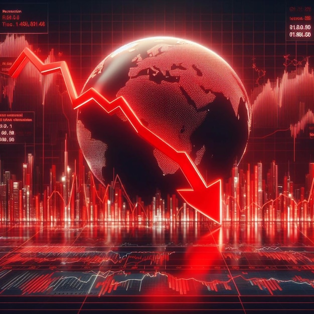 Foto recessão crise do mercado global ações vermelho preço queda seta para baixo gráfico queda análise de bolsa de valores negócios e finanças inflação deflação investimento abstracto fundo vermelho renderização 3d