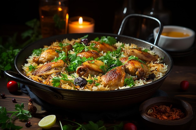 Receta árabe de mariscos picantes kabsa biryani con camarones y camarones