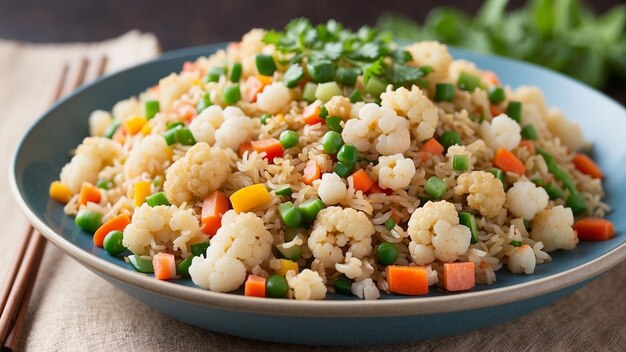 Foto receta de arroz frito de coliflor que pone un giro bajo en carbohidratos en los ingredientes clásicos del plato para el arroz suc