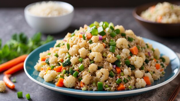 Foto receta de arroz frito de coliflor que pone un giro bajo en carbohidratos en los ingredientes clásicos del plato para el arroz suc