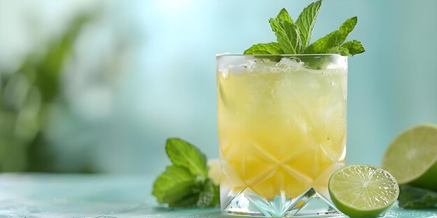 Foto receta para un cóctel alcohólico de menta con jugo de lima de ron y jarabe concepto ingredientes para el jugo de menta de menta cocktail de jugo de lime de ron hojas de menta jarabe simple hielo combinar jugo de jago de lima de rom