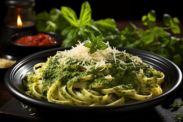 Foto receta de comida de linguini al pesto