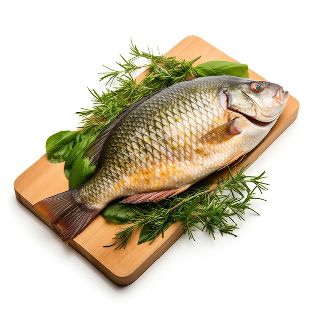 Foto receta de comida de pescado fresco sobre fondo blanco