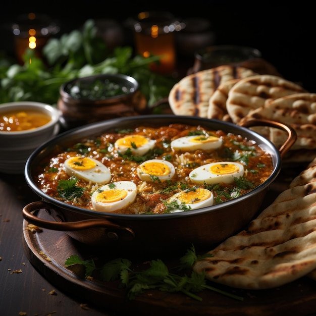 Receta de curry de huevo al estilo del sur de la India en primer plano en un plato sobre la mesa