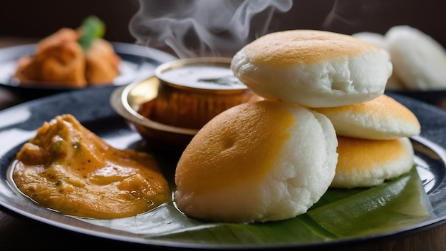 Foto receta de desayuno del sur de la india idly o idli o pastel de arroz servido con chutney de coco y sambar sel